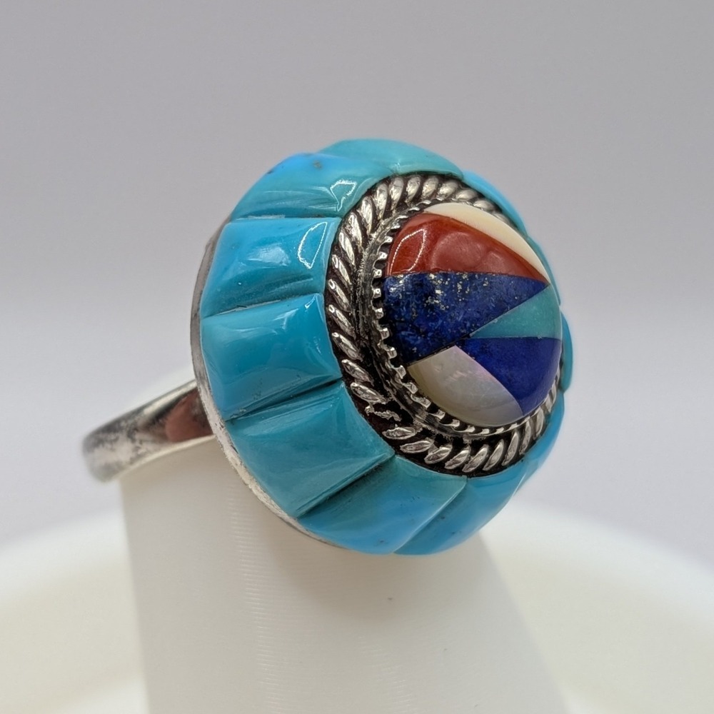Vintage Zuni Signed Lee & Mary Weebothee‎ Sterling Silver 925 Turquoise Ring